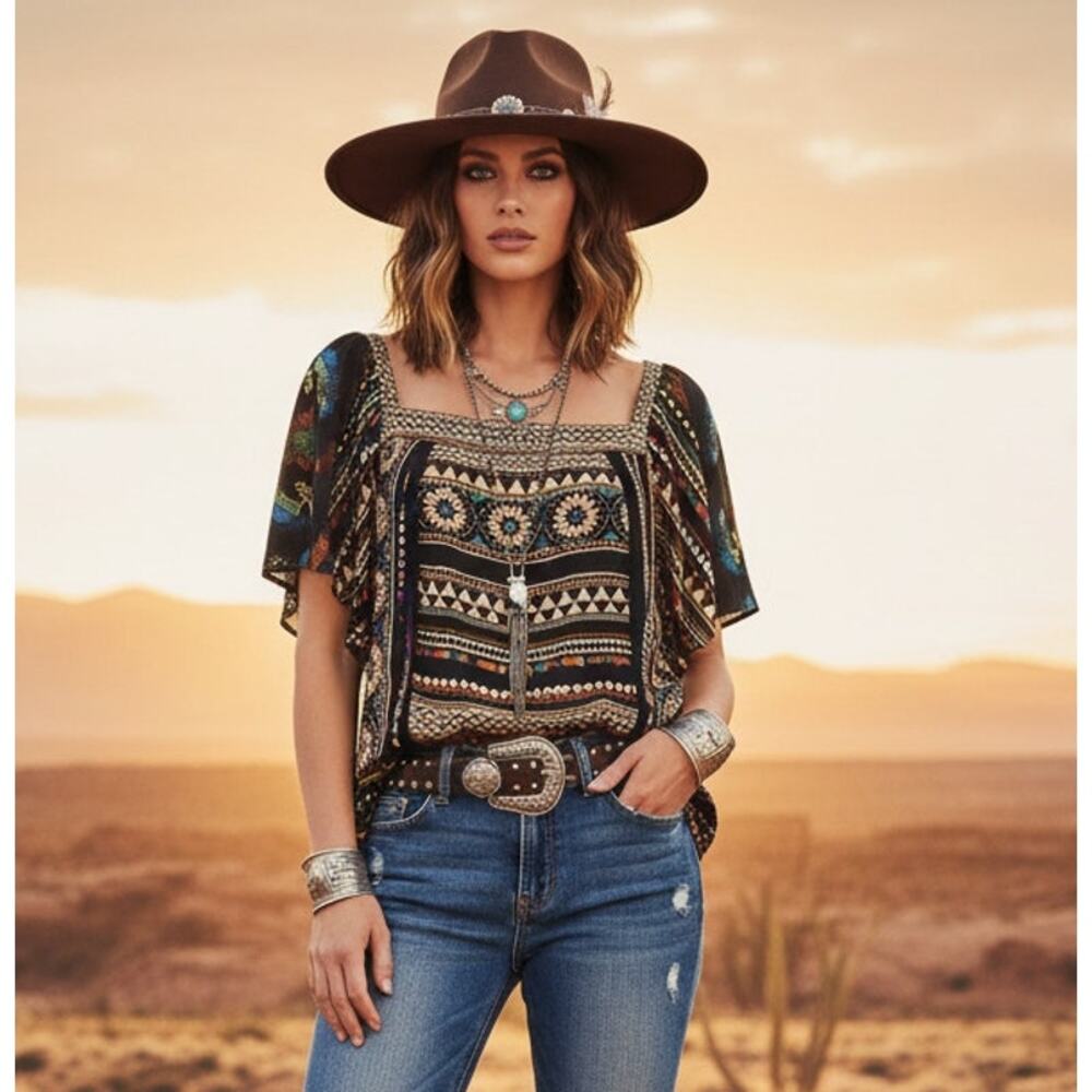 Boho Embroidered Square Neck Black Floral Women's Top